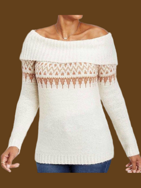 Maurice's Soft Cream And Copper Marilyn Fair Isle Cowl Neck Sweater. Women’s M